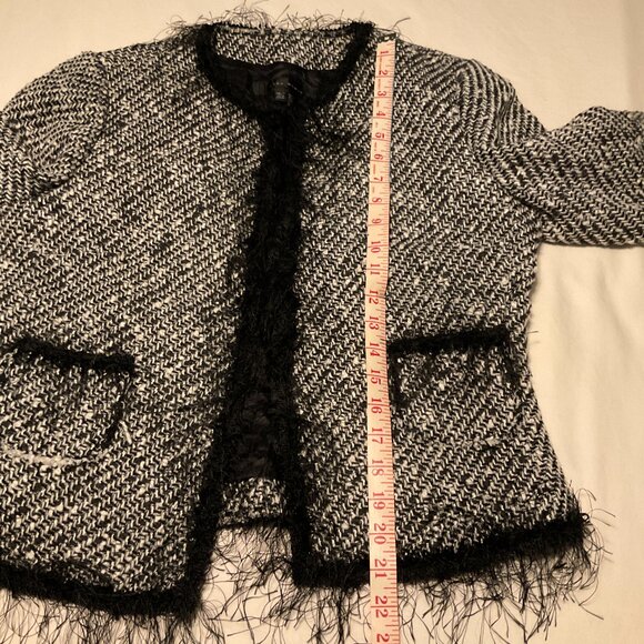 Zara Women Fringe Edges Textured Blazer Size 10 Black Cream - Picture 9 of 12